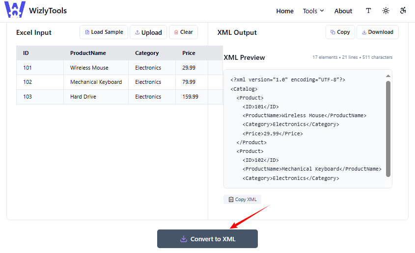 WizlyTools-Konverterseite mit Optionen zum Definieren von XML-Stamm- und Zeilenelementen.