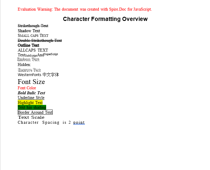 The result after setting various character formats