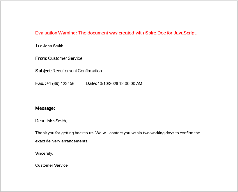 Word output after the contact letter has been merged with the data
