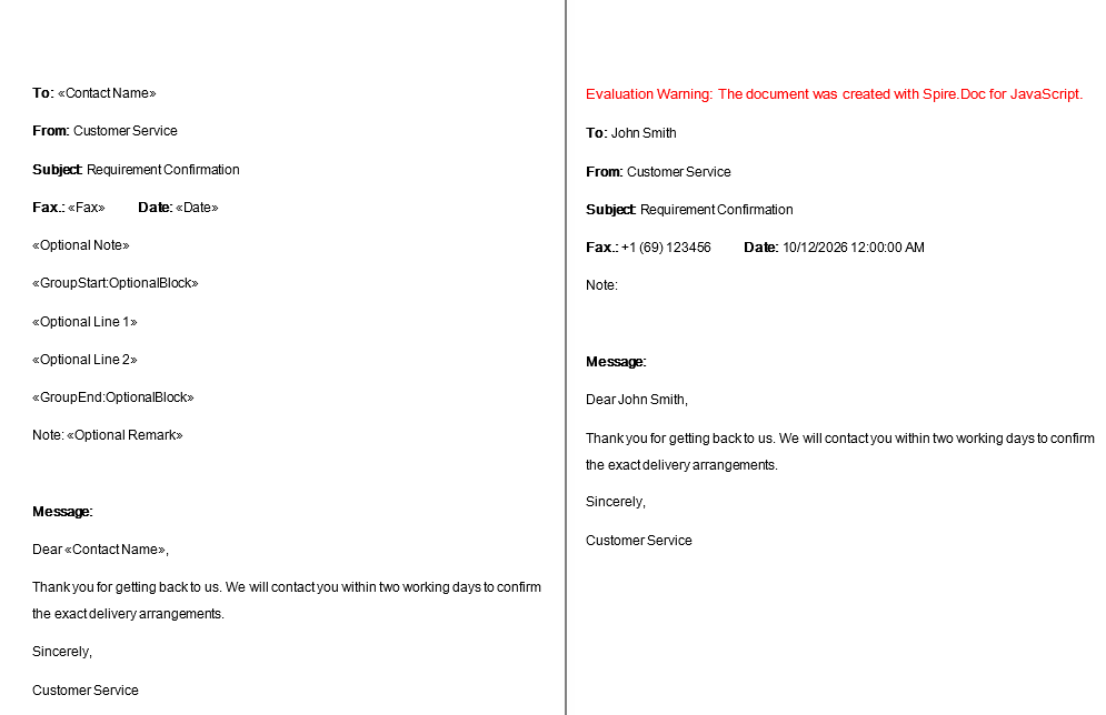 Word output after the paragraphs and the region that merged to nothing have been hidden
