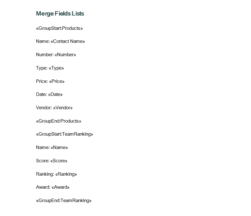 Word output after the region and the merge field names have been read from the template