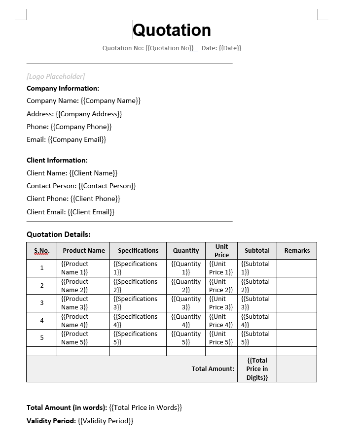 Word Quotation Template