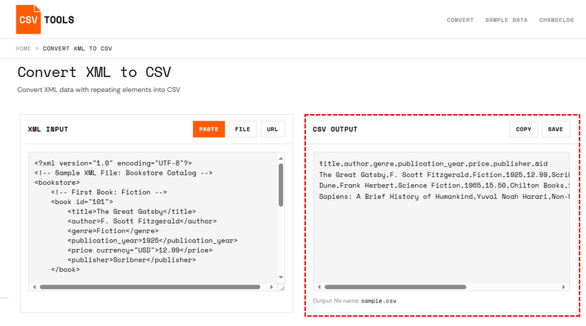 Interfaz del convertidor en línea de XML a CSV