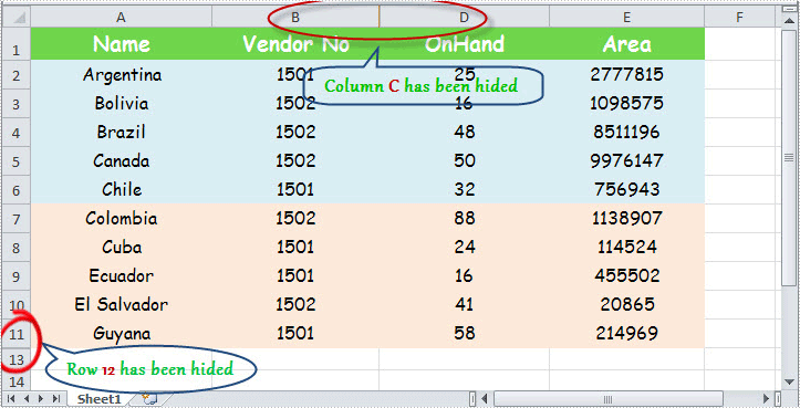 Hide Excel Row and Column